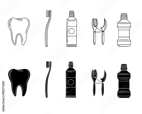 A set of black and white vector illustrations of dental care items including teeth toothbrushes toothpaste and dental tools on a plain background