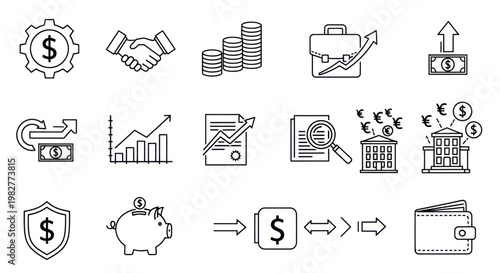 Business and Finance Icons: Growth, Money, Investment, Banking, Savings, Analysis