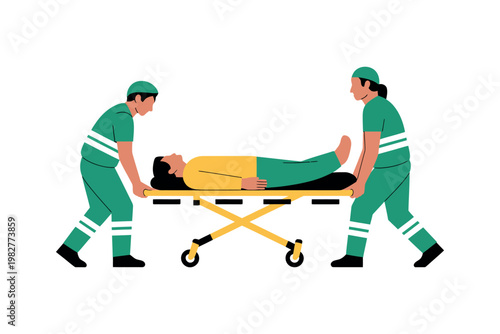 Two paramedics in green uniforms transporting a patient on a stretcher