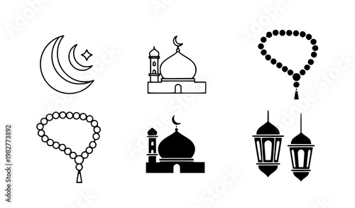 A set of six black and white vector icons depicting various Islamic symbols including mosques, prayer beads, lanterns, and a crescent moon with star on a white background