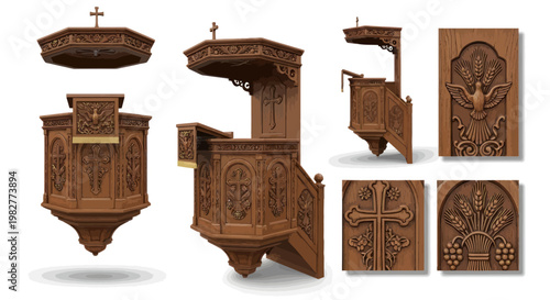Ornate Wooden Pulpits and Religious Carvings - Christian Church Furniture and Symbols