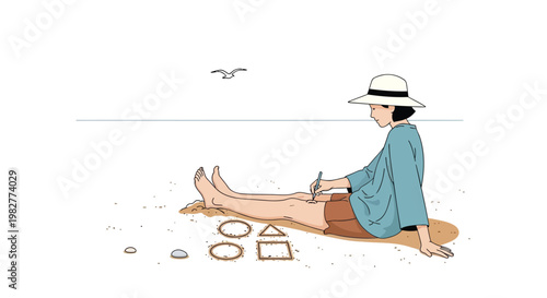 Woman relaxing on beach, summer vacation, vector illustration, beachwear, leisure