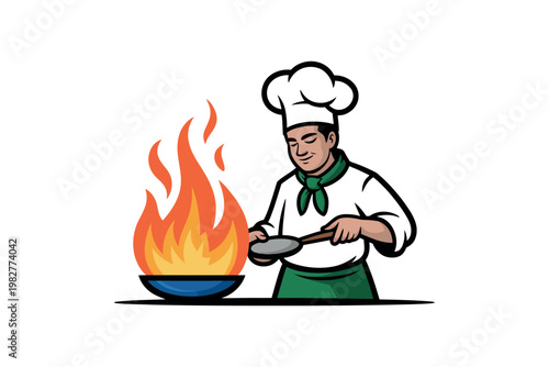 A cartoon chef cooking with a large flame in a blue pan