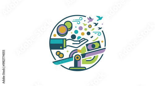 Vector Icon of Science and Astronomy Theme with Microscope and Planetary Elements for Education and Research
