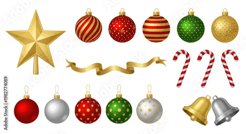 Christmas Ornaments Collection: Star, Baubles, Candy Canes, Bells, Ribbon - Festive Decoration Elements