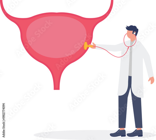 Doctor using stethoscope on a giant human bladder