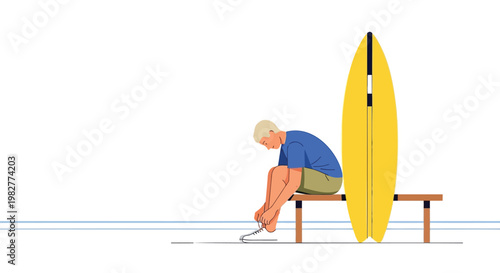Lonely surfer, man sitting with surfboard, beach sadness, vector illustration, blue ocean