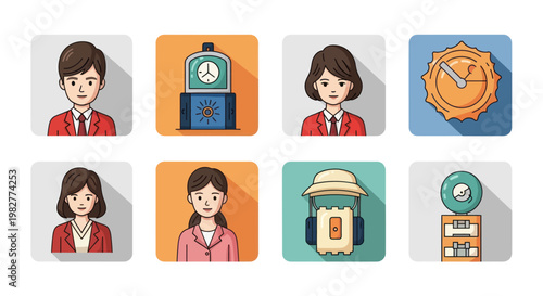 Diverse Team Icons: Business People, Time Clock, Office Equipment