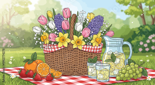 Beautiful wicker basket filled with colorful spring flowers and fresh citrus lemonade served on a classic checkered picnic blanket outdoors