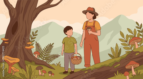 Mother and son picking mushrooms in a vibrant autumn forest