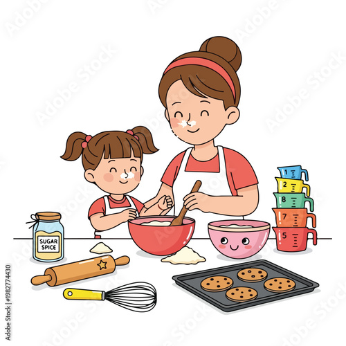 Mother and daughter happily baking cookies together for Mother's Day, mixing batter in bowls with flour and ingredients