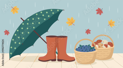 Autumn essentials: umbrella, rain boots, and harvest of berries and mushrooms