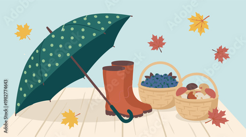 Autumn Rain Scene with Umbrella, Boots, Berries, Mushrooms and Falling Leaves