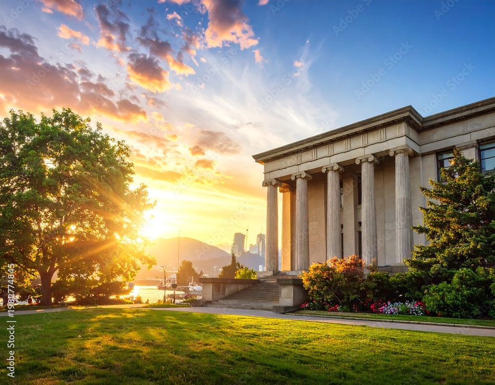 Obraz premium A beautiful sunset bathes a classical building and lush landscape in golden light