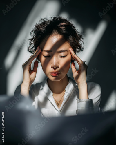 Asian business woman suffering headache and stress in office with strong light contrast
