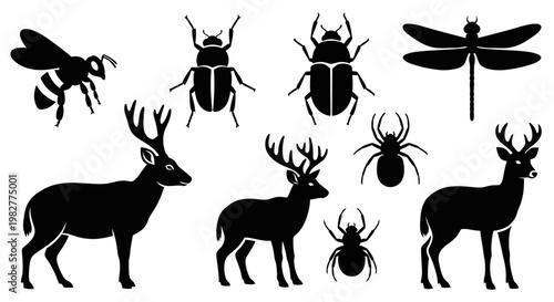 Collection of Animal and Insect Silhouettes: Deer, Bee, Beetles, Dragonfly, Spiders
