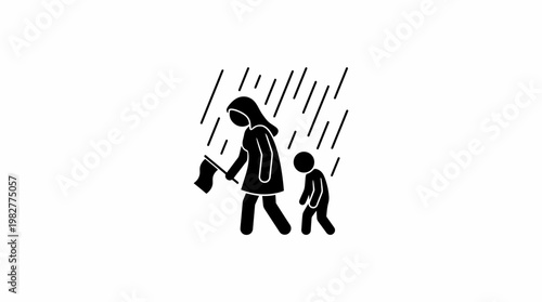 Mother and Child Walking in the Rain
