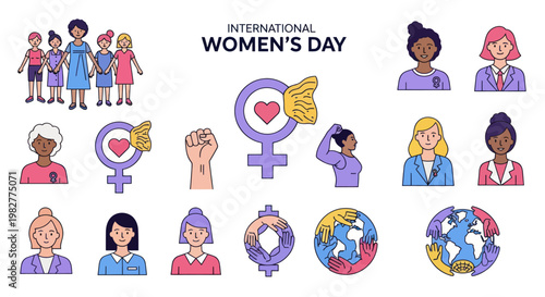 International Women's Day Icons: Diverse Women, Empowerment Symbols, Global Unity