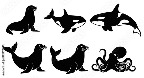 Collection of marine animal silhouettes: orcas, seals, and octopus