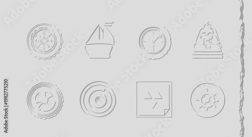 Set of grunge icons: compass, sailboat, clock, triangle, star, target, arrows, cogwheel