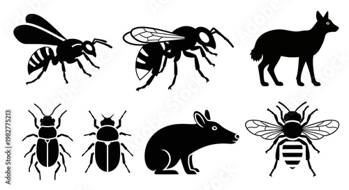 Diverse Animal and Insect Silhouettes Set on White Background