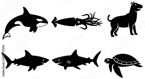 Diverse Animal Silhouettes Set: Orca, Shark, Squid, Turtle, and Dog Icons