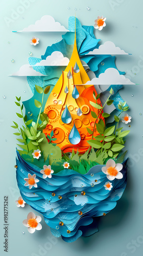 Exquisite 3D paper cut artwork shaped as a water droplet, containing a layered teal river landscape, white clouds, a white flower, green ferns and leaves, and glass-like water droplets below.