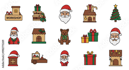 Christmas Icons: Santa Claus, Gifts, Workshop, Tree, Teddy Bear, House - Flat Design