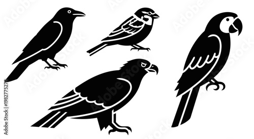 Diverse Bird Silhouettes Collection: Crow, Sparrow, Eagle, and Parrot
