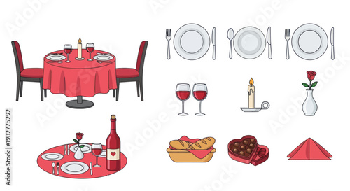 Romantic Dinner Setting with Table, Chairs, Candles, Wine, and Roses