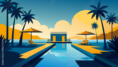 Tropical Resort Pool Flat Vector 