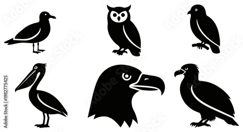 Diverse Bird Silhouettes Vector Collection - Owl, Eagle, Pelican, Seagull, Crow, Vulture Icons