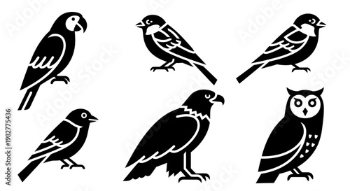Diverse Bird Silhouettes Vector Icons Set: Parrot, Sparrow, Eagle, Owl Collection