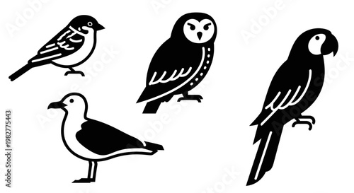 Diverse Bird Species Icons: Sparrow, Owl, Seagull, and Parrot Silhouettes