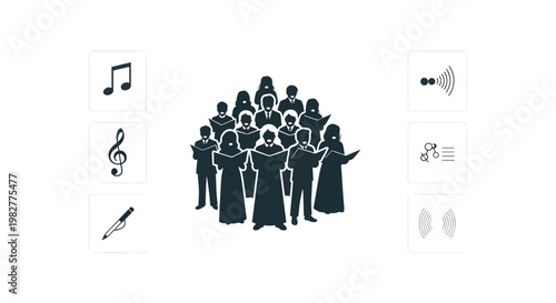 Choir Singing Group and Music Symbols Silhouette