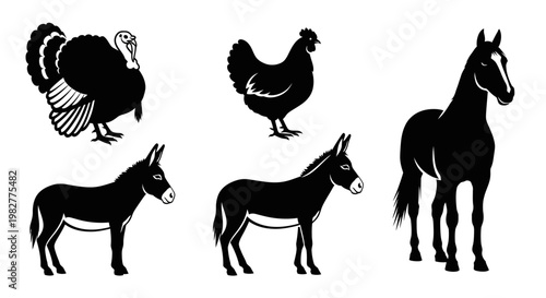 Diverse Farm Animals Silhouettes Set: Turkey, Chicken, Donkeys, and Horse
