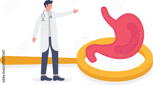 Doctor checking a giant stomach with a magnifying glass
