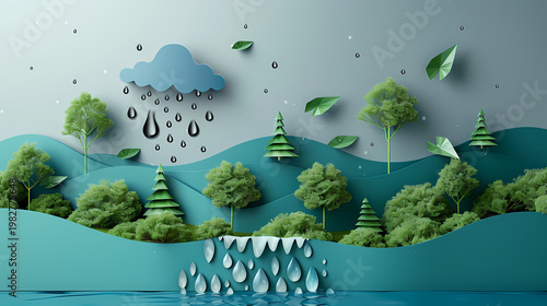 Exquisite 3D paper cut artwork shaped as a water droplet, containing a layered teal river landscape, white clouds, a white flower, green ferns and leaves, and glass-like water droplets below.