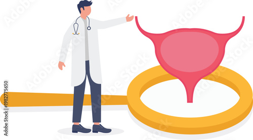 Doctor checking human bladder with a giant magnifying glass