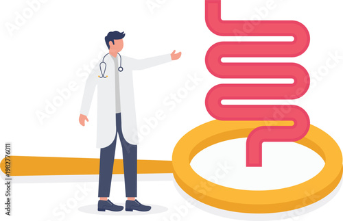 Doctor checking giant human intestine with a magnifying glass