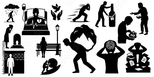 Collection of social issues and mental health problems silhouettes. People suffering from depression, addiction, poverty, illness, stress and grief, isolated. Vector illustration.