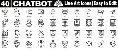 Chatbot line art icons. Featuring digital assistant communication technology, artificial intelligence support, and user interface chatbot conversation icons vector illustration.