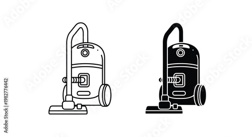 Minimalist vector graphic set showing professional floor vacuum cleaner designs in simple black and white outline