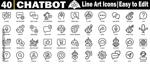 Chatbot icon set. Collection including AI chatbot settings, reply flow, auto respond, neural net search typing, converse voice analytics schedule, and translate. vector illustration.