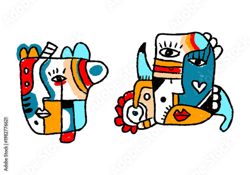 Abstract colorful face people illustration set in decorative line art style