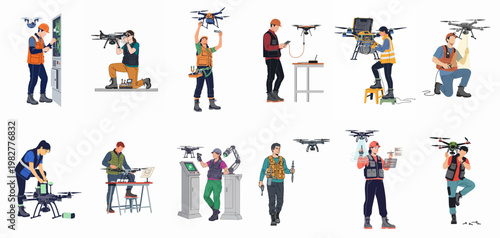 Set of diverse professional engineers and technicians operating, maintaining, and repairing various industrial drones in a clean flat vector illustration style.