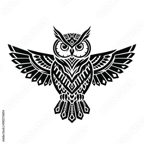 Tribal owl, black vector illustration, tribal animal, decorative bird