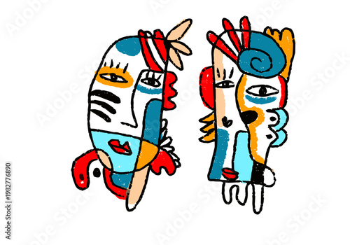 Abstract colorful face people illustration set in decorative line art style