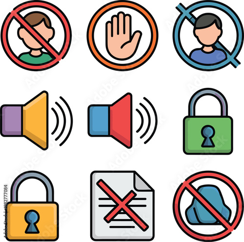 Restriction and permission icons set with mute sound user block lock document cancel and safety symbols