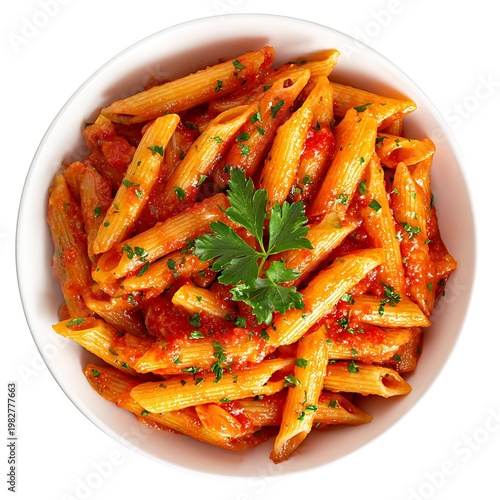 Penne pasta in tomato sauce on white bowl, top view isolated on with white background